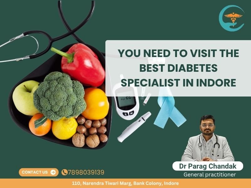 Healthy food, glucose meter, and Dr. Parag Chandak promoting diabetes care with the tagline "You need to visit the Best Diabetes Specialist in Indore